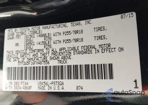 2015 Toyota Tundra Sr5 5.7L V8 из США, поврежденный, VIN 5TFDW5F16FX487556